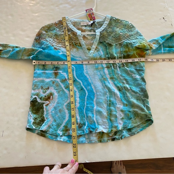 Sandro Tie Dye Shirt Womens Size Small 1 Tee Top Blouse Blue Linen Lace Paris - Picture 8 of 15